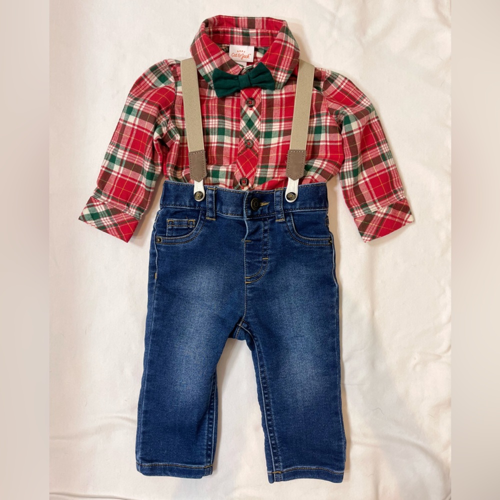 Cat & Jack Baby Boy Holiday Plaid Suspender Top and Bottom Set 3-6M